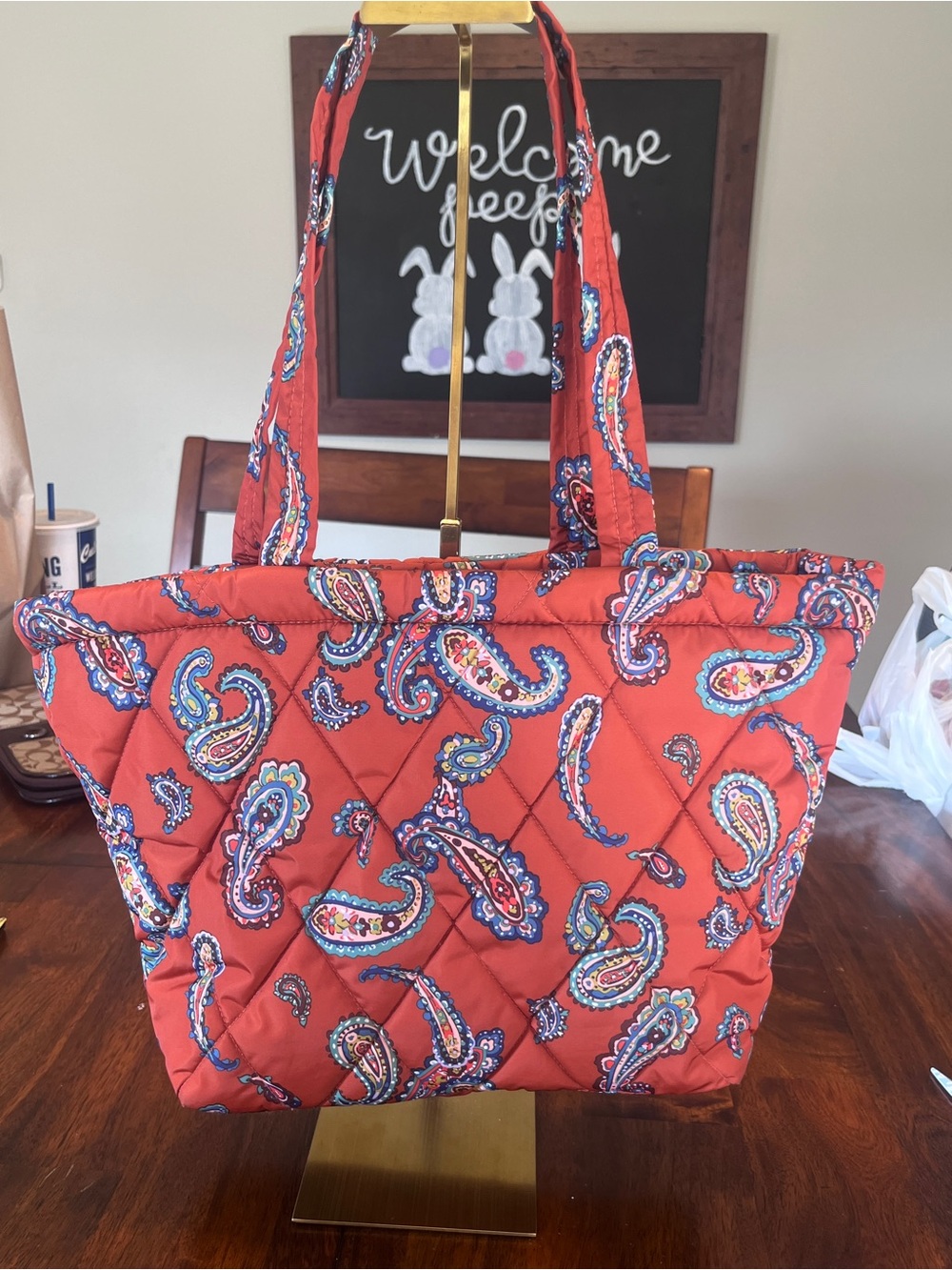 Vera Bradley Quilted Paisley Manor Tote Bag in orange puffer style